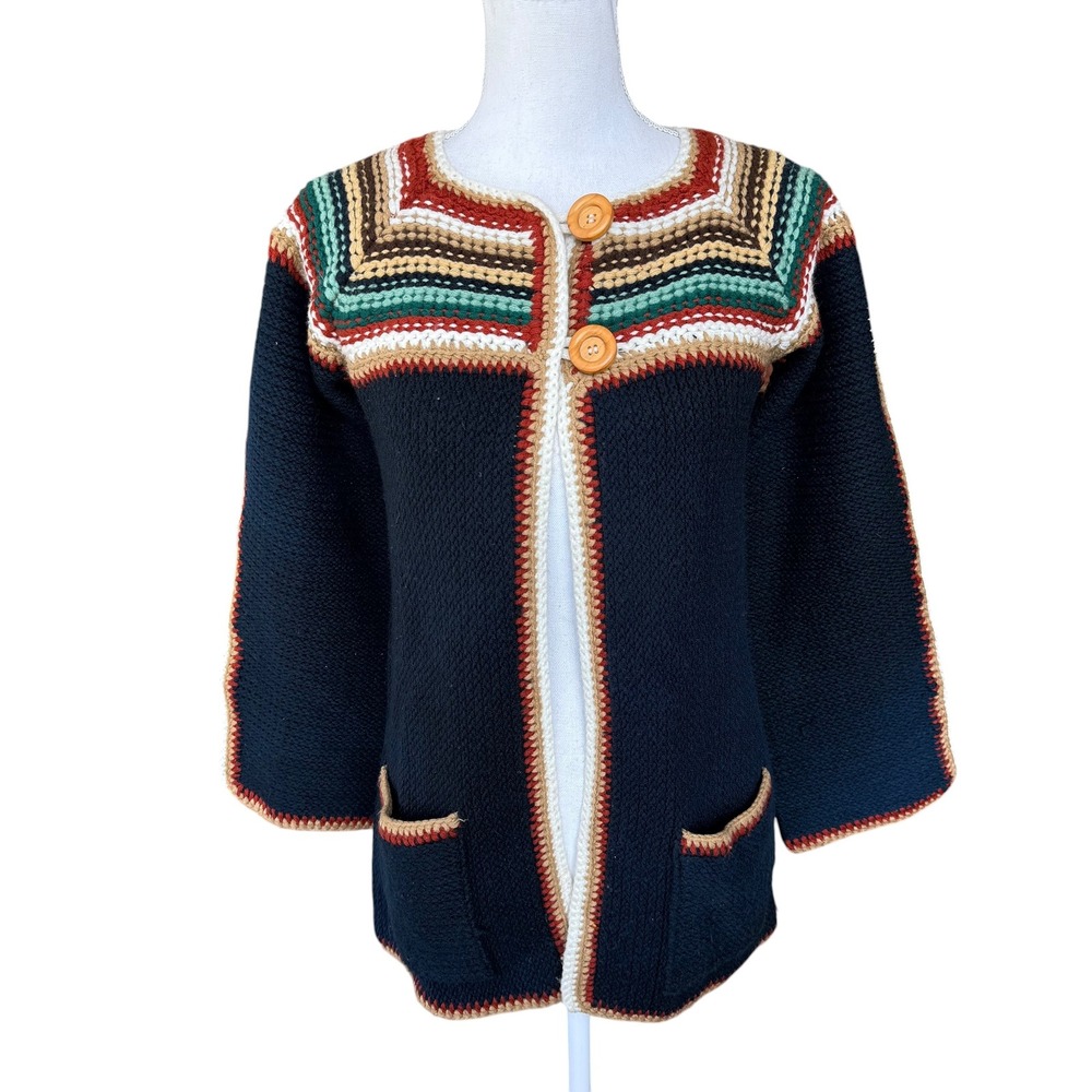 Vintage 70s Chunky Knit Striped Cardigan Navy‎ Boho Geometric Sweater Pockets